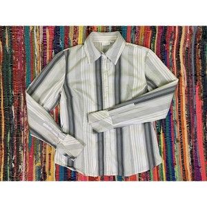 Apt 9 Button Up Shirt Women's S White Gray Striped Long Sleeve Stretch Casual
